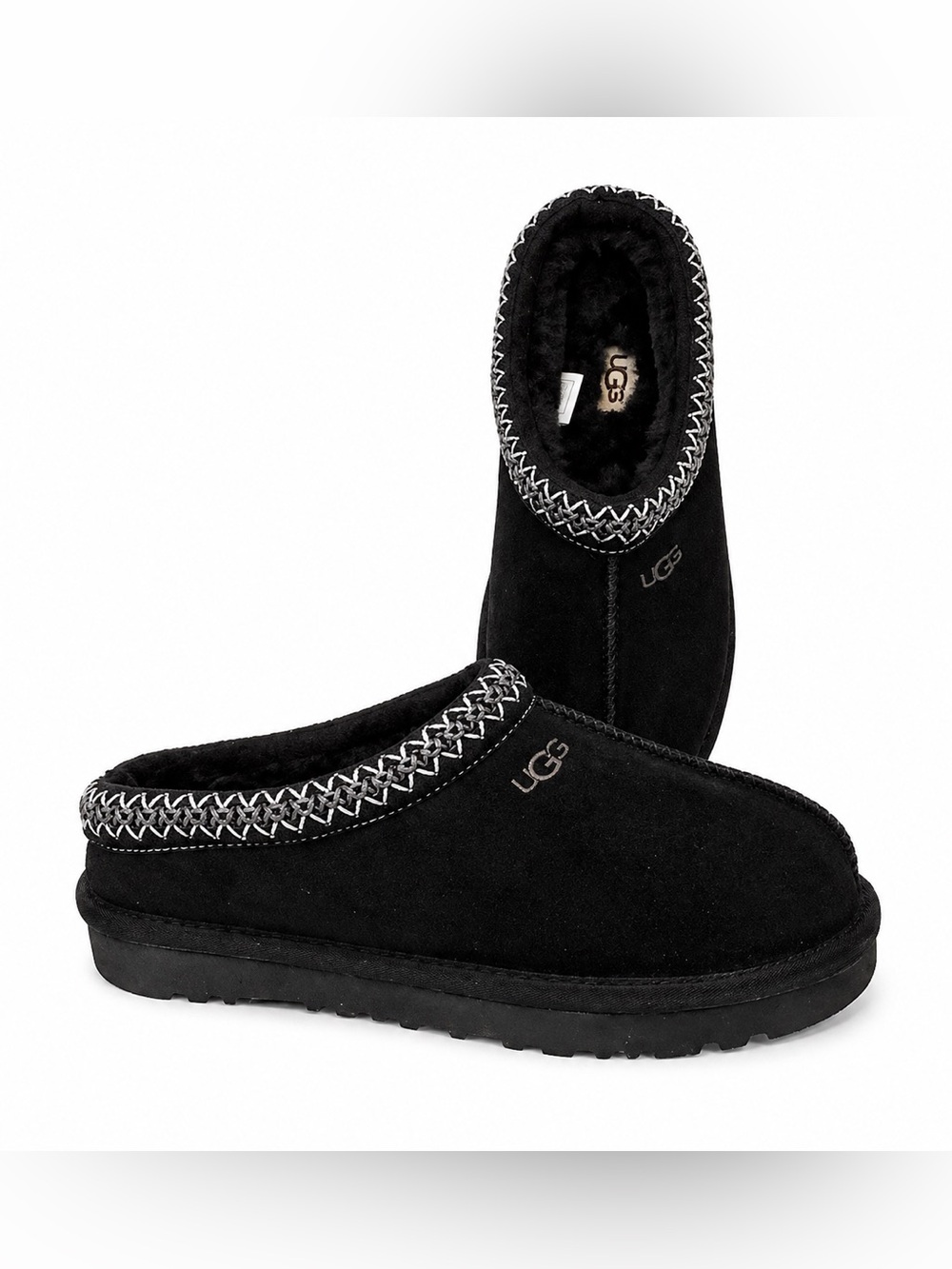 UGG Women's Black Suede Sherpa Clog Slippers Contrast Stitching Mules 9 NEW